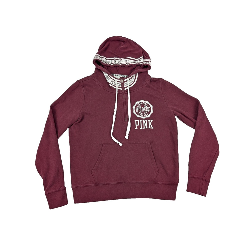 PINK Victoria's Secret 1/2 Zip Hoodie Women's L Maroon Spell Out Logo Text